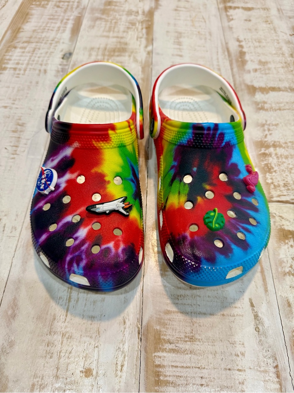 Crocs Tie-Dye Clog Unisex Shoes with Space & Flamingo Jibbitz M7 / W9